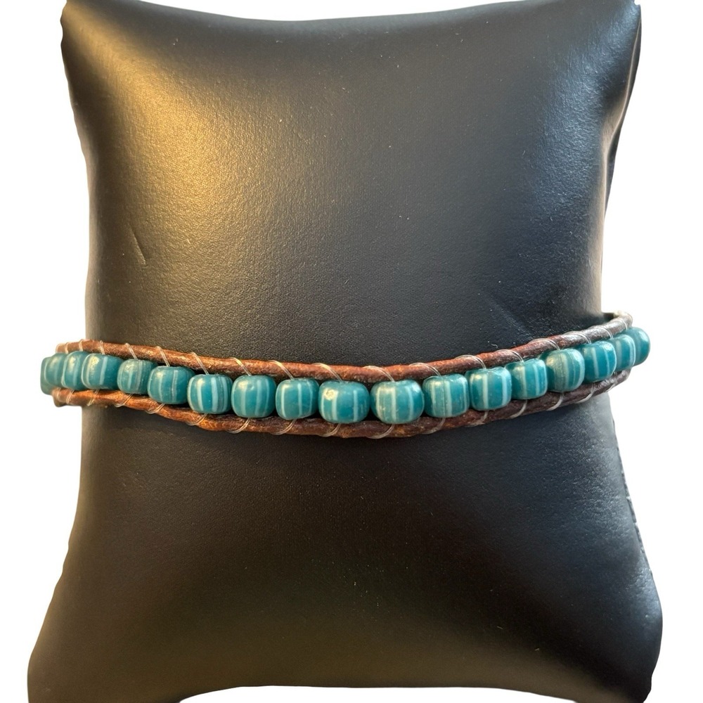 Blue Striped Bead Bracelet Brown Leather Wrap Anklet Unisex Loop Button Closure